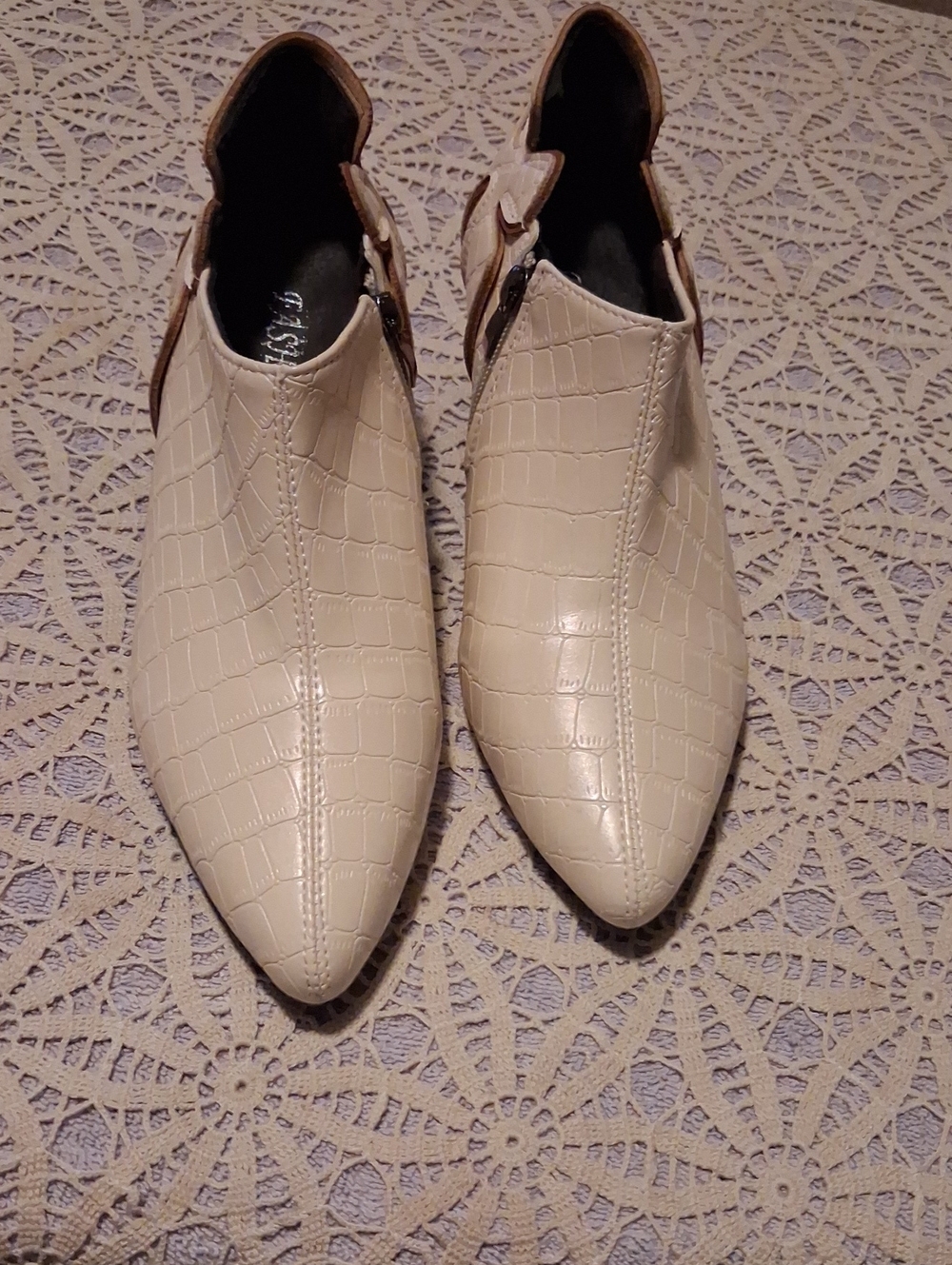 Pointed Croc-Embossed Ankle Heels in Cream